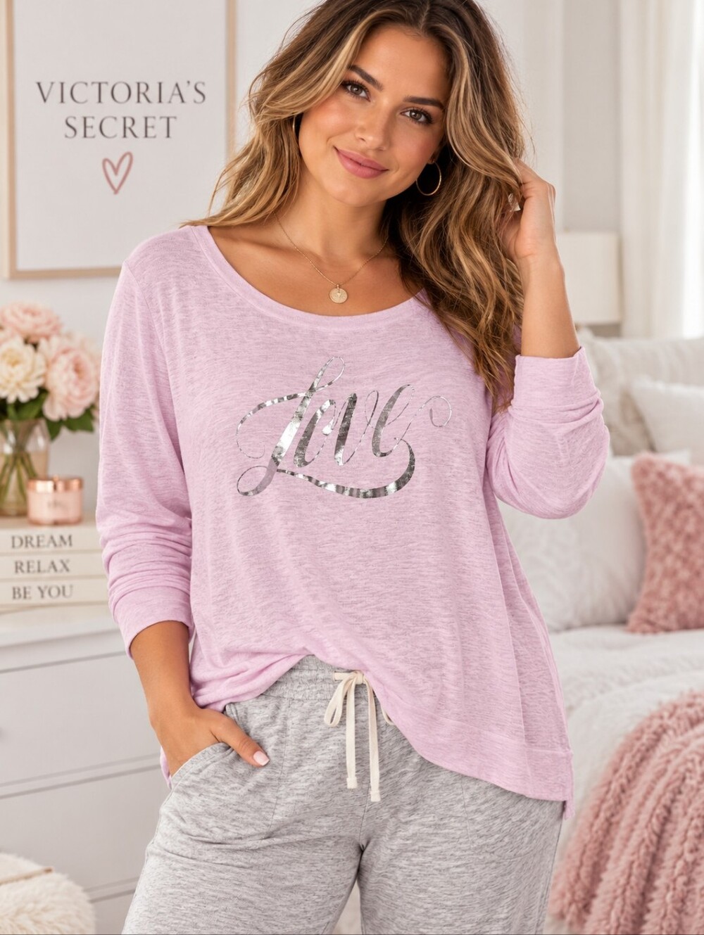 Victoria's Secret XL Baby Pink Love Metallic Graphic Long Sleeve Lounge Top